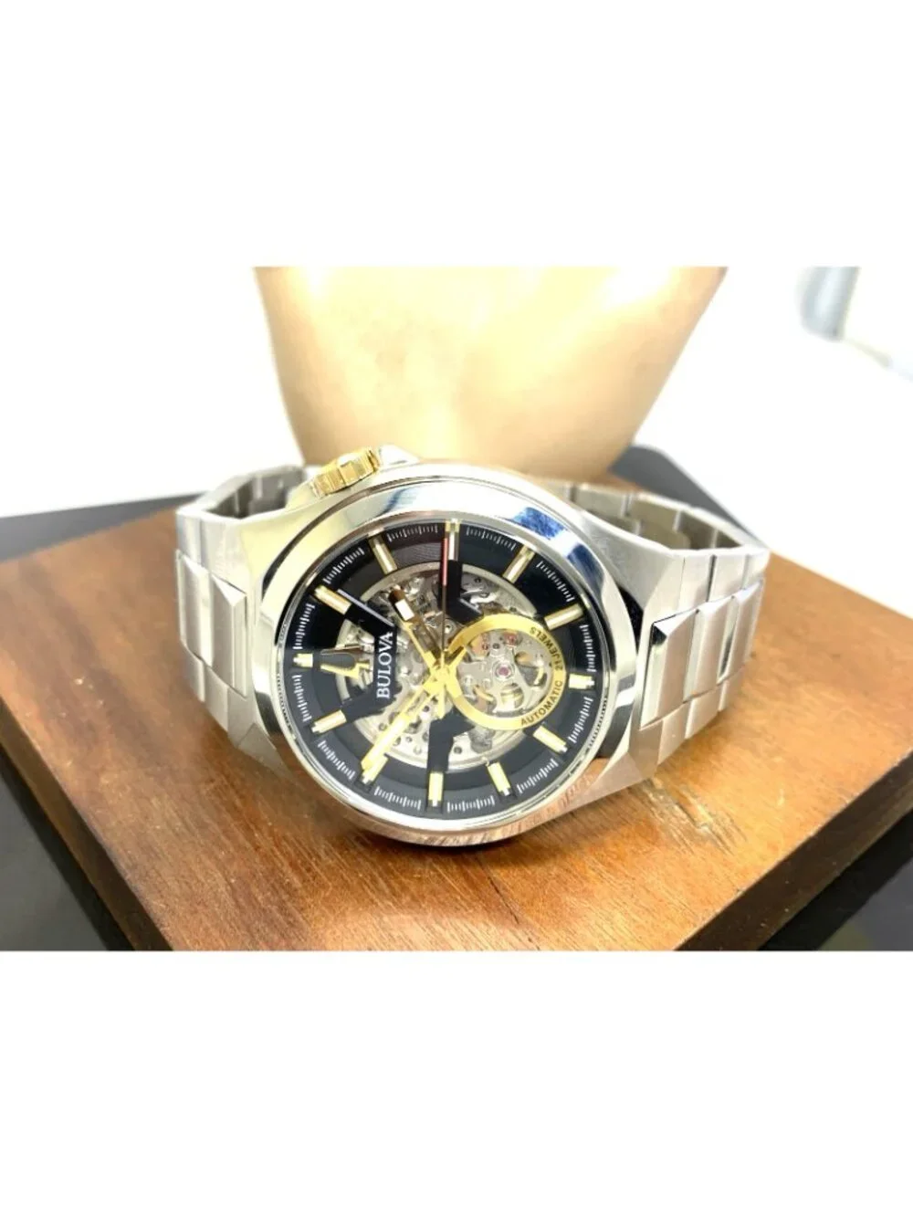 Bulova Maquina Mens Watch 98A224 Automatic Black Skeleton Dial Silver Steel 46mm
